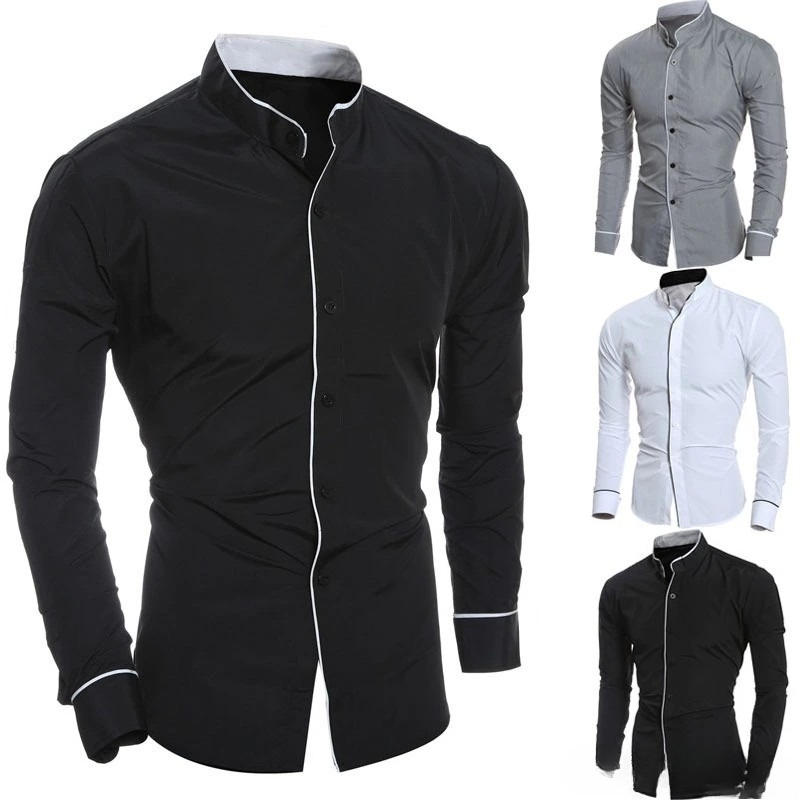 Mandarin Collar Formal Shirt Slim Fit - Men Slim Fit Solid Color Long