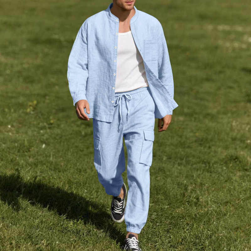 Mens Linen Shirt Long Sleeve - Men's Linen Breathable Two-Piece Set with