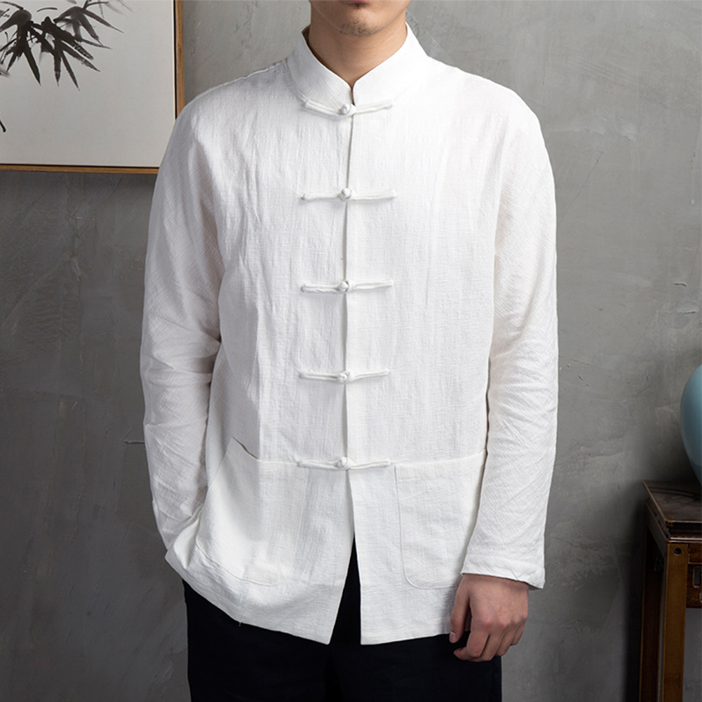 Mens Linen Shirt Long Sleeve - Retro Casual Men Chinese Traditional Clothing
