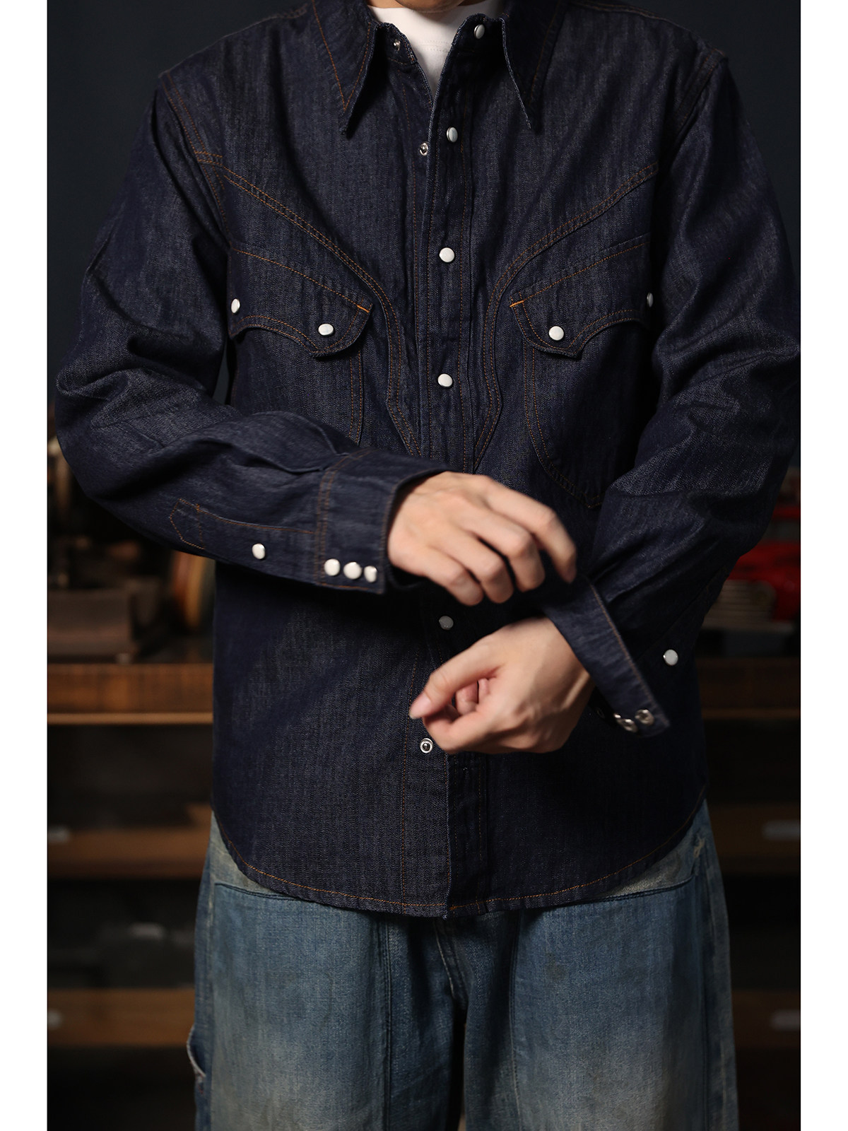 Mens Western Denim Pearl Snap Shirt - Cowboy Western Snap Shirt Simple American
