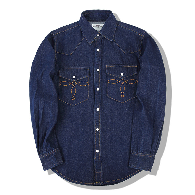 Mens Western Denim Pearl Snap Shirt - American Wash Vintage Denim Shirts Pearl