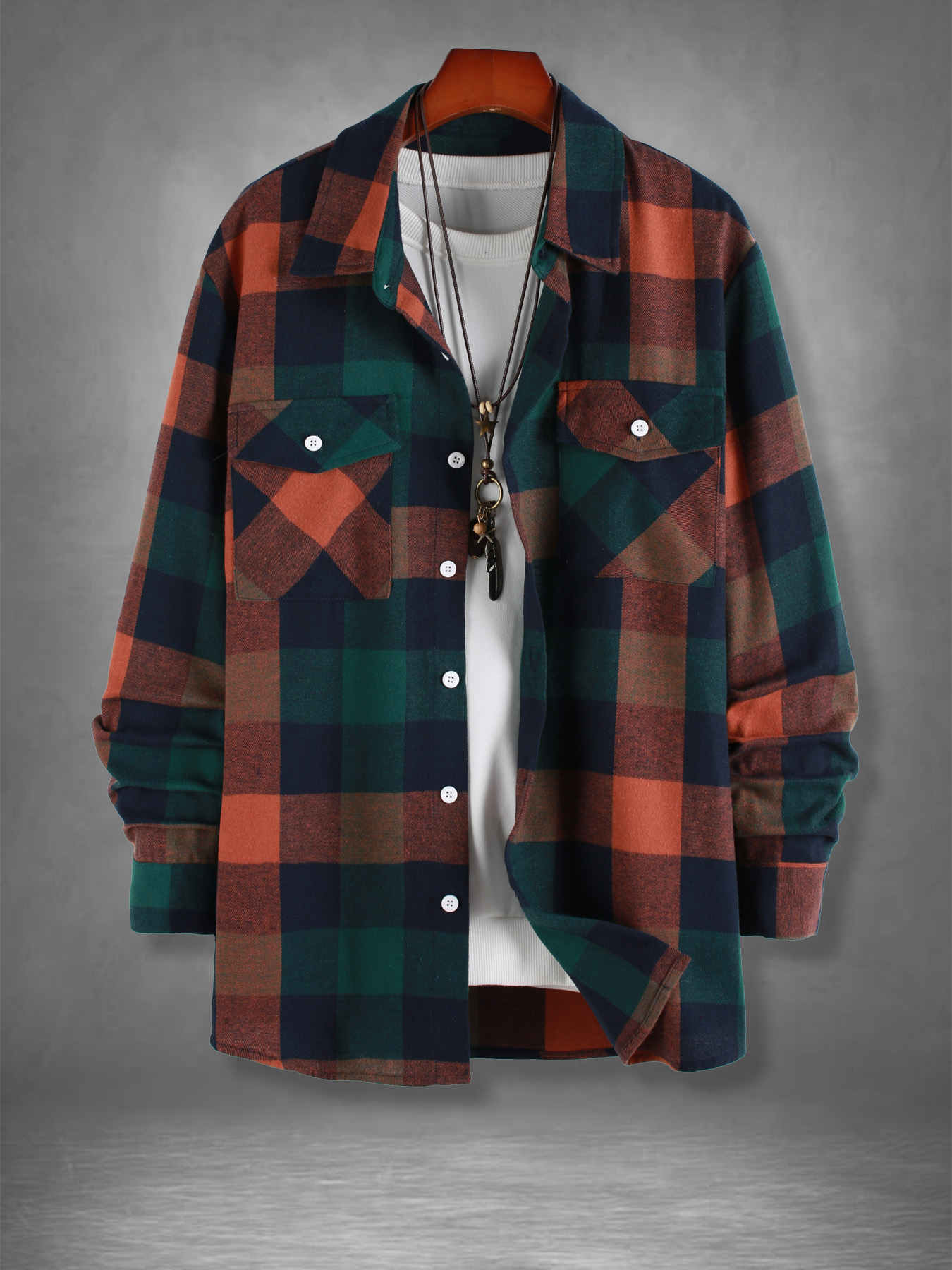 Jackets - Men's Retro Orange Green Plaid Flannel