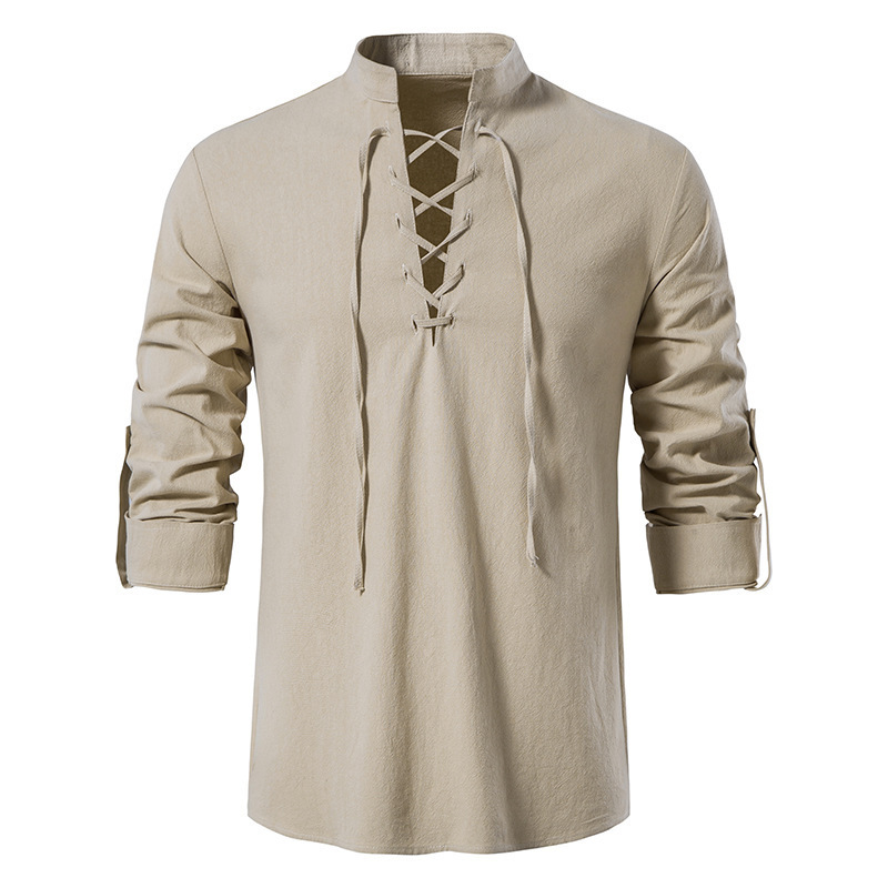 Mens Linen Shirt Long Sleeve - Men's Medieval Lace Up Cotton Linen
