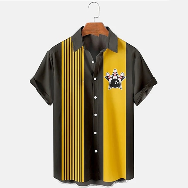 Short Sleeve Bowling Shirt Retro - Men's Striped Bowling Pattern Print Short