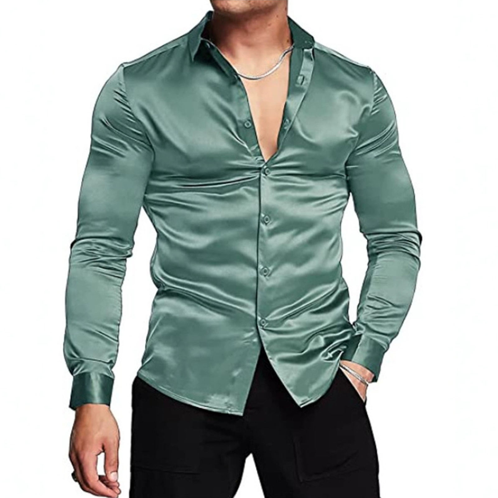 Mens Satin Silk Dress Shirt - Spring Autumn Silk Satin Shirts Luxury
