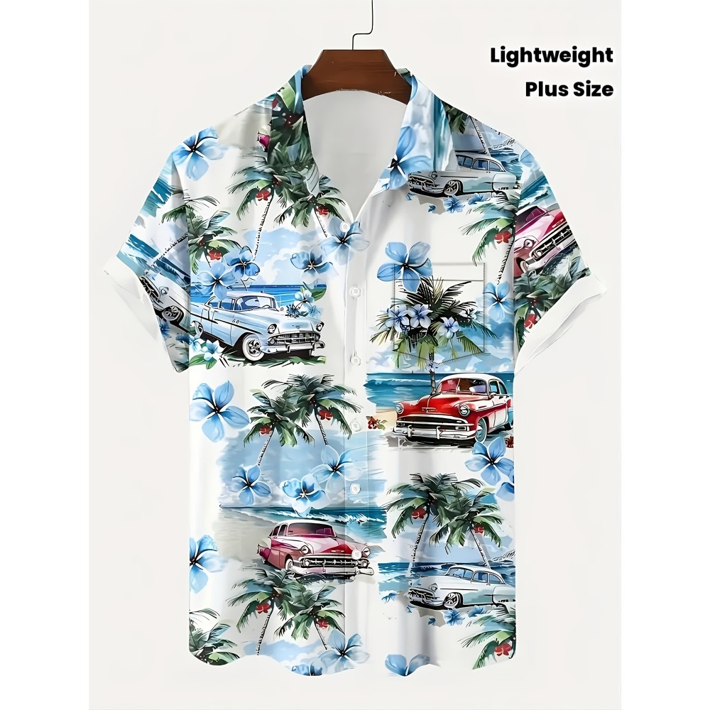 Vintage Hawaiian Floral Shirt - Men Vintage Classic Car Palm Tree