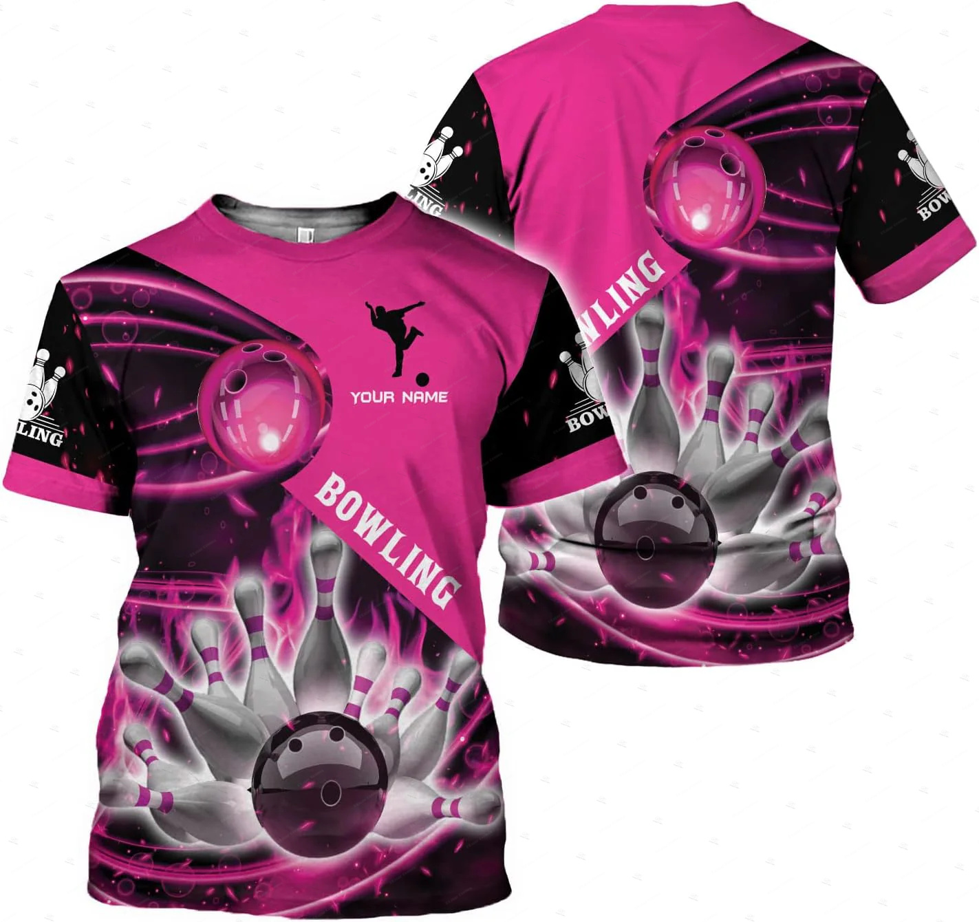 Short Sleeve Bowling Shirt Retro - Custom Name Gradient Bowling Flame Graffiti