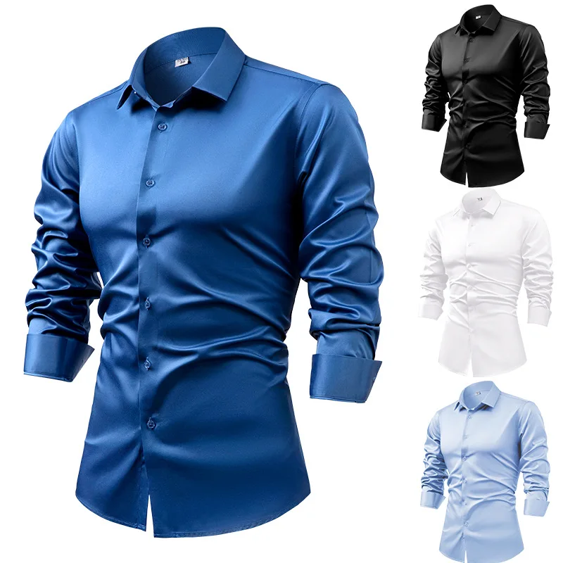 Mens Satin Silk Dress Shirt - 2025 Spring Autumn Royal Blue Silk