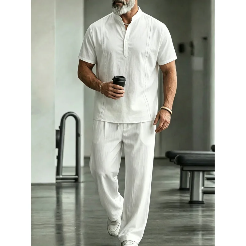 Mens Linen Shirt Long Sleeve - Men's Linen Casual 2-Piece Set Short