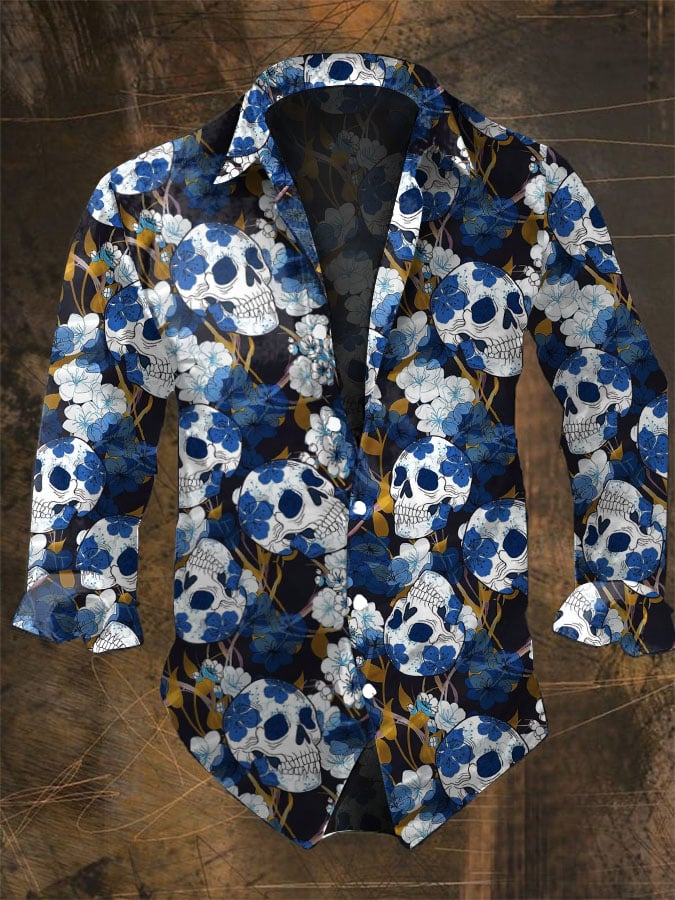 Vintage Hawaiian Floral Shirt - Halloween Men's Dark Skull Prints Casual