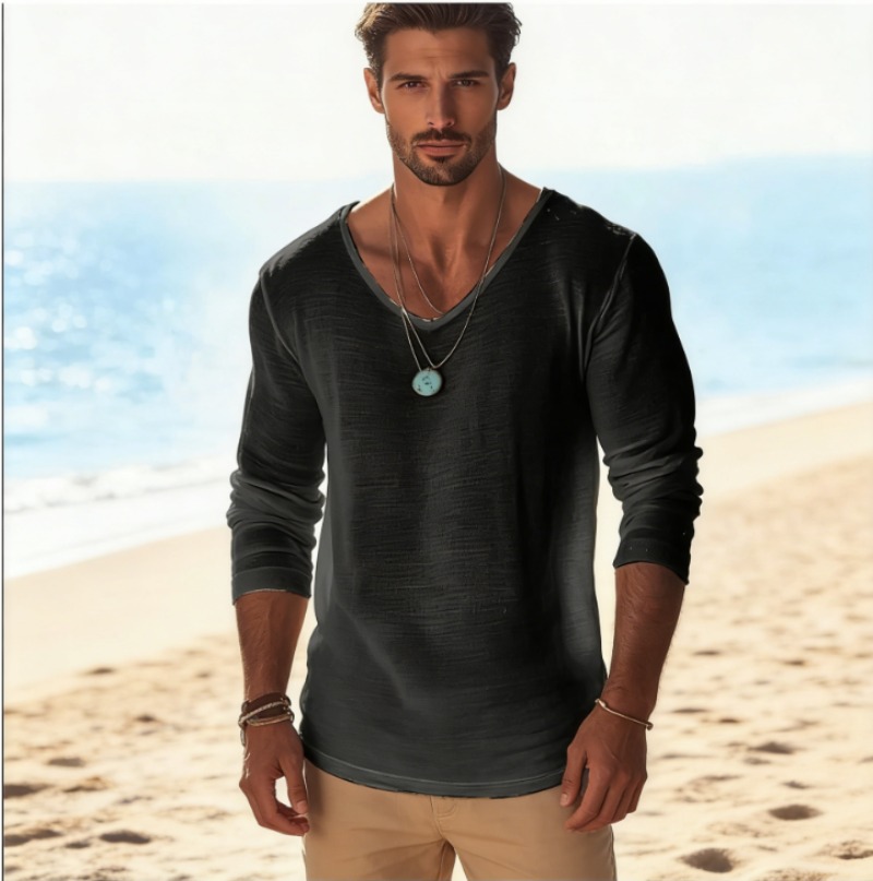 Mens Linen Shirt Long Sleeve - Men's Casual V-Neck Linen Blend Long