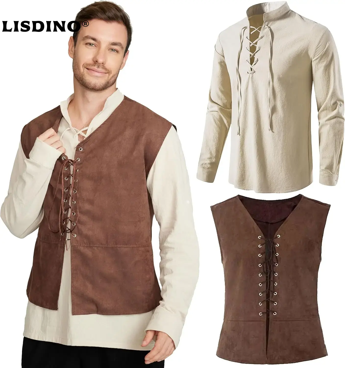 Medieval Gothic Lace Up Pirate Shirt - 2-piece Set Men's Medieval Pirate Vest