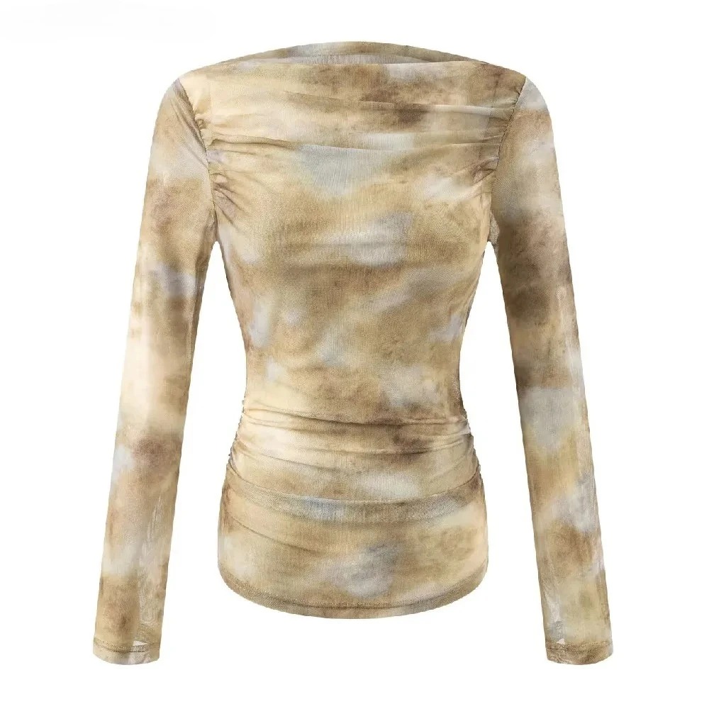 T-Shirts - 2025 Sexy Tie-Dye Print Ruched Shoulder