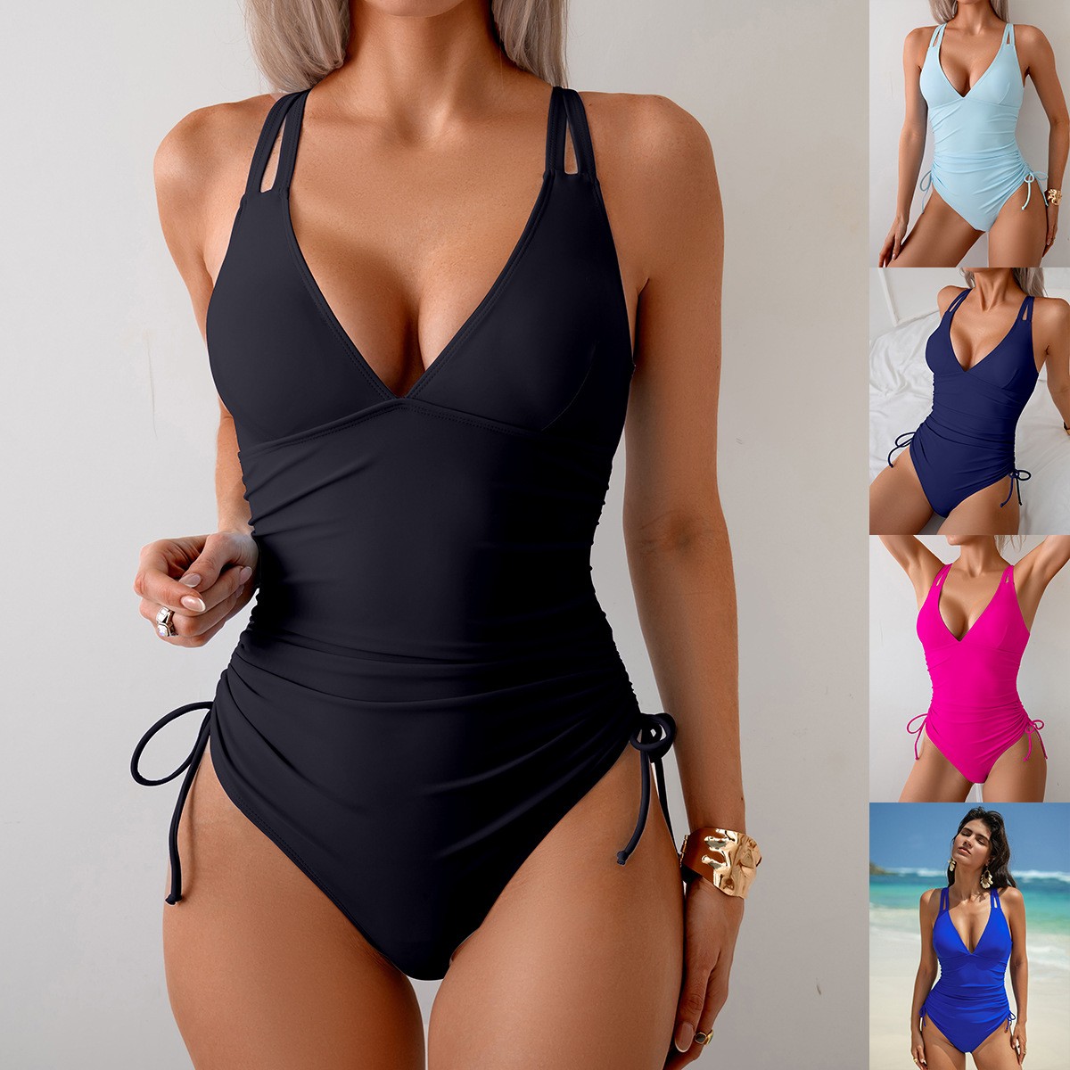 Suits - Solid Black Swimsuit V Neck Ruched
