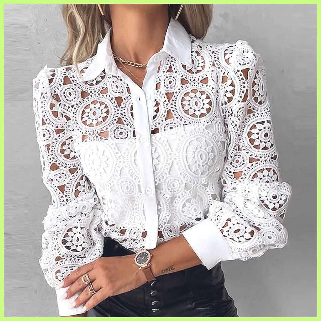 Shirts - 2025 Women's White Lace Shirt, Elegant