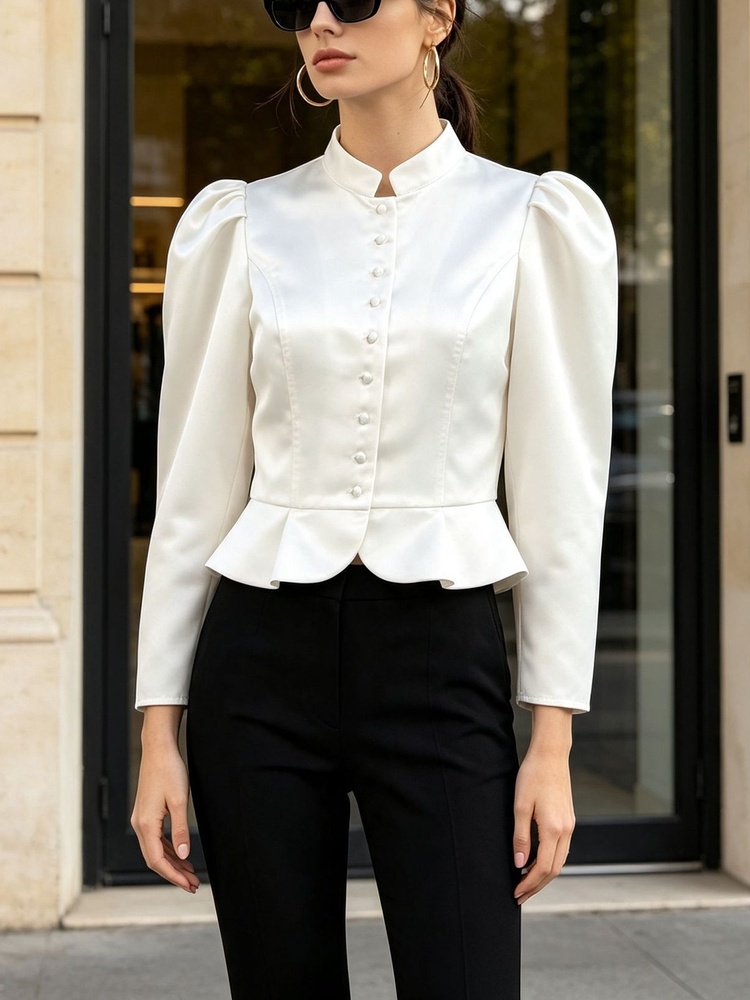 Mandarin Collar Formal Shirt Slim Fit - Peplum Blouse Long Sleeve Puff Shoulder
