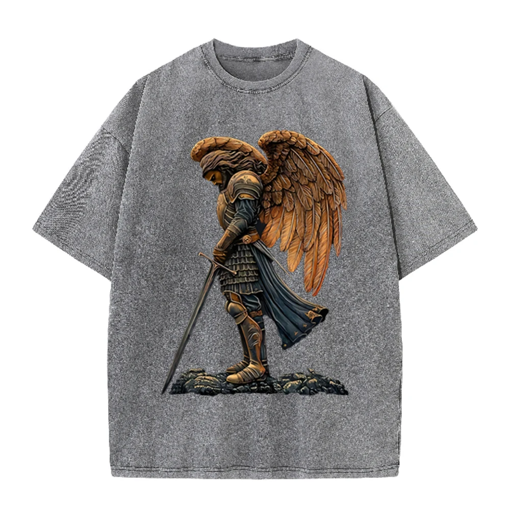 Acid Wash Vintage Graphic T Shirt - 2026 Vintage Armored Angel Warrior With