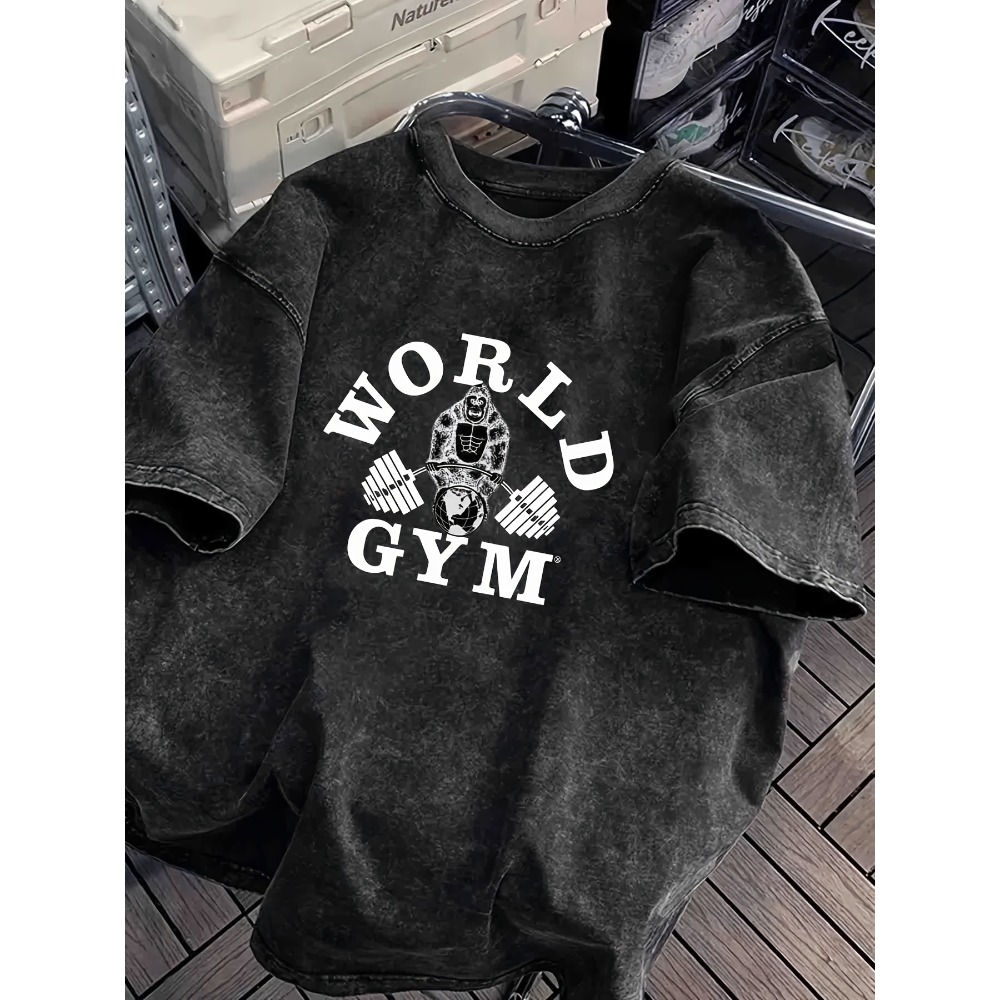 Acid Wash Vintage Graphic T Shirt - World Gym Gorilla Lifting Weights T-Shirt