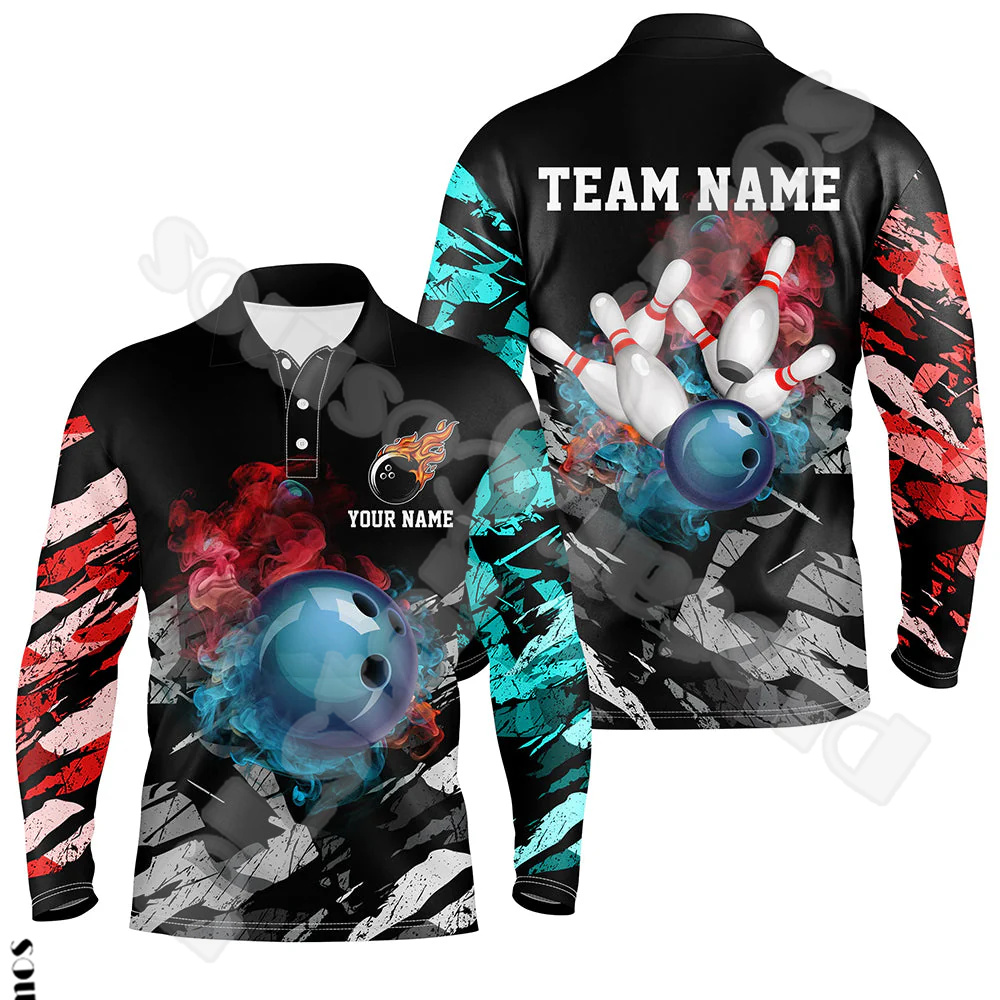 Short Sleeve Bowling Shirt Retro - Custom Name Strike Bowling Player Flame