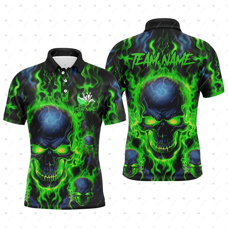 Short Sleeve Bowling Shirt Retro - Custom Name Bowling Skull Flame Graffiti