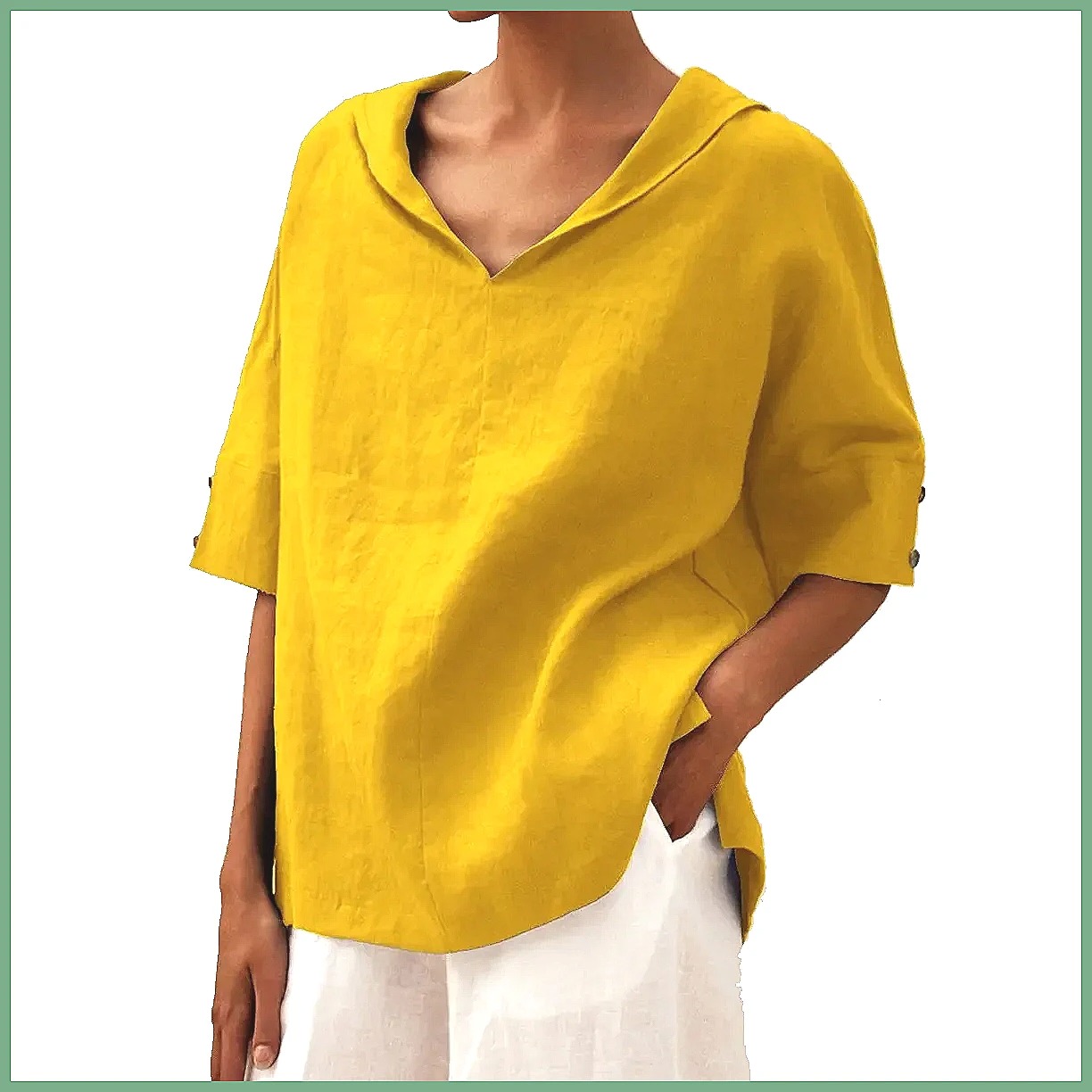 Shirts - Women's Loose V-Neck Cotton Linen Shirt