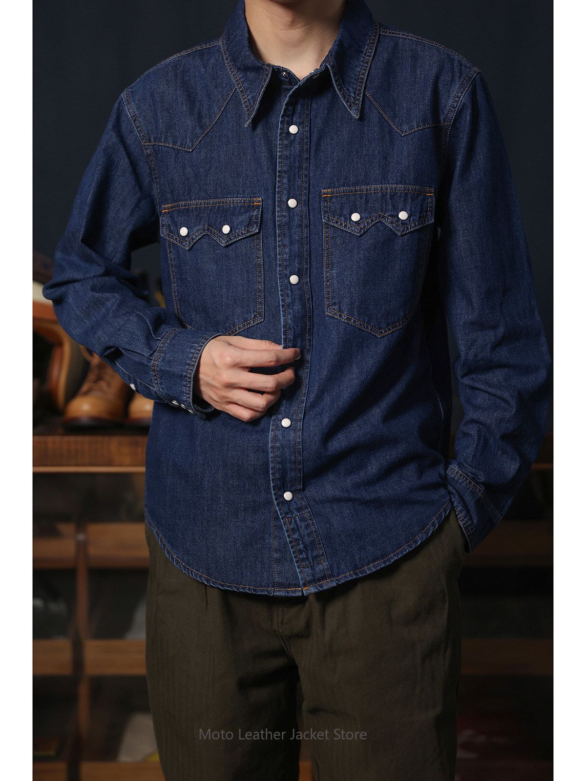 Mens Western Denim Pearl Snap Shirt - American Retro Western Denim Shirt Raw