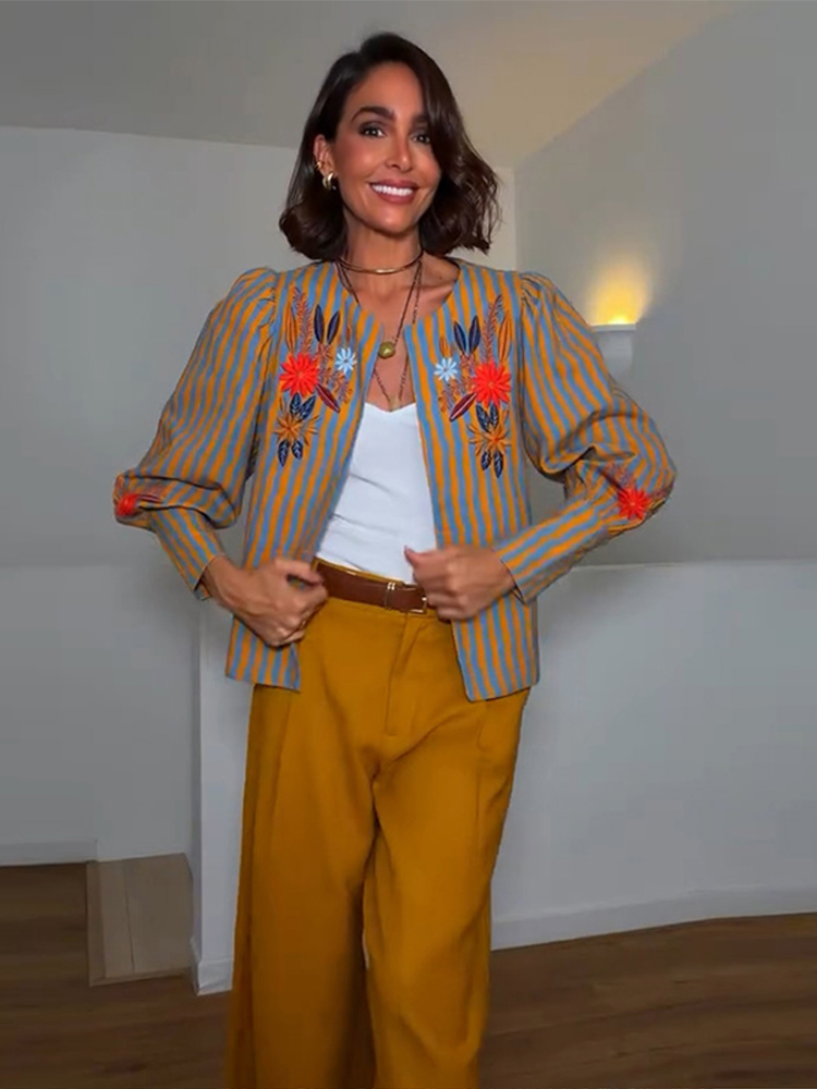Jackets - 2026 Early Autumn Striped Flower Embroidered