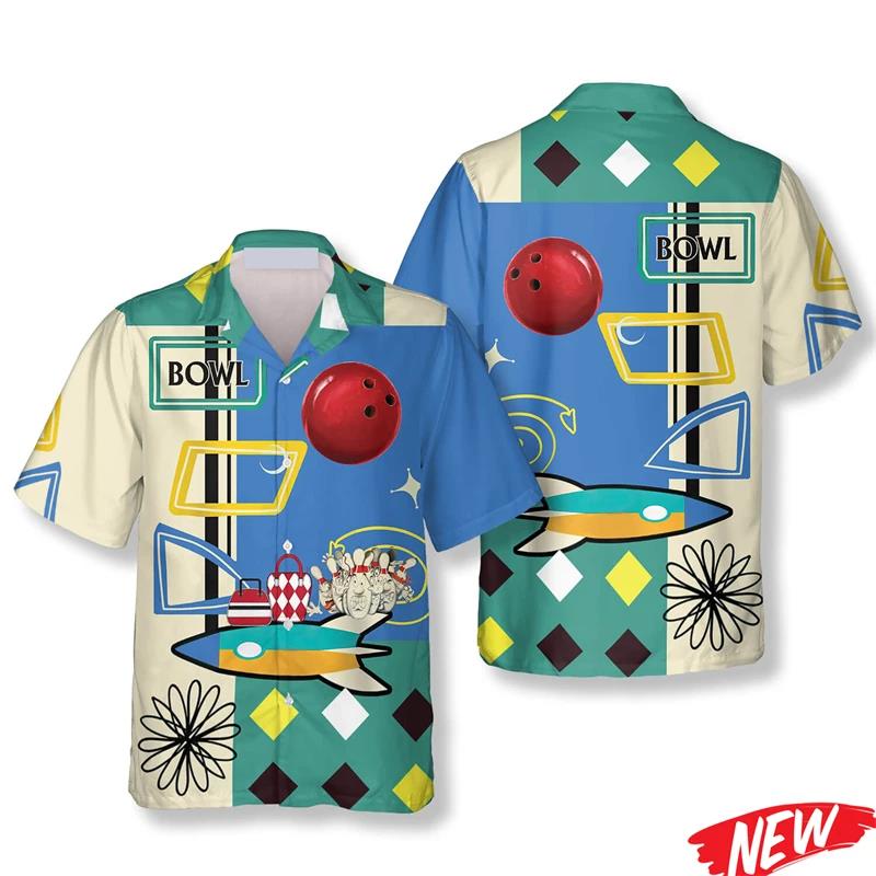 Classic Bowling Pattern Hawaii - Short Sleeve Bowling Shirt Retro ulasan dan harga