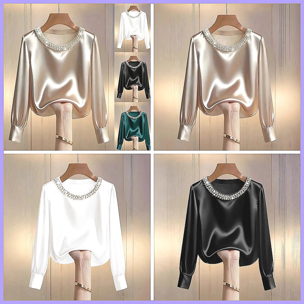 Elegant Beaded Satin Blouse fo - Shirts ulasan dan harga