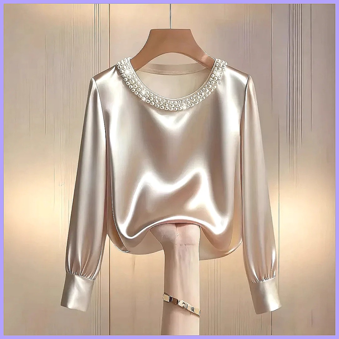 Elegant Beaded Satin Blouse fo - Shirts ulasan dan harga