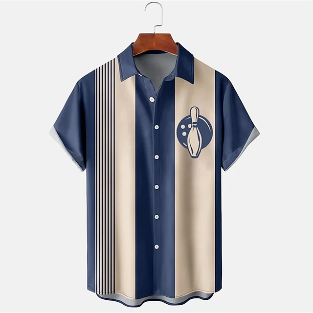 Men's Striped Bowling Pattern  - Short Sleeve Bowling Shirt Retro ulasan dan harga