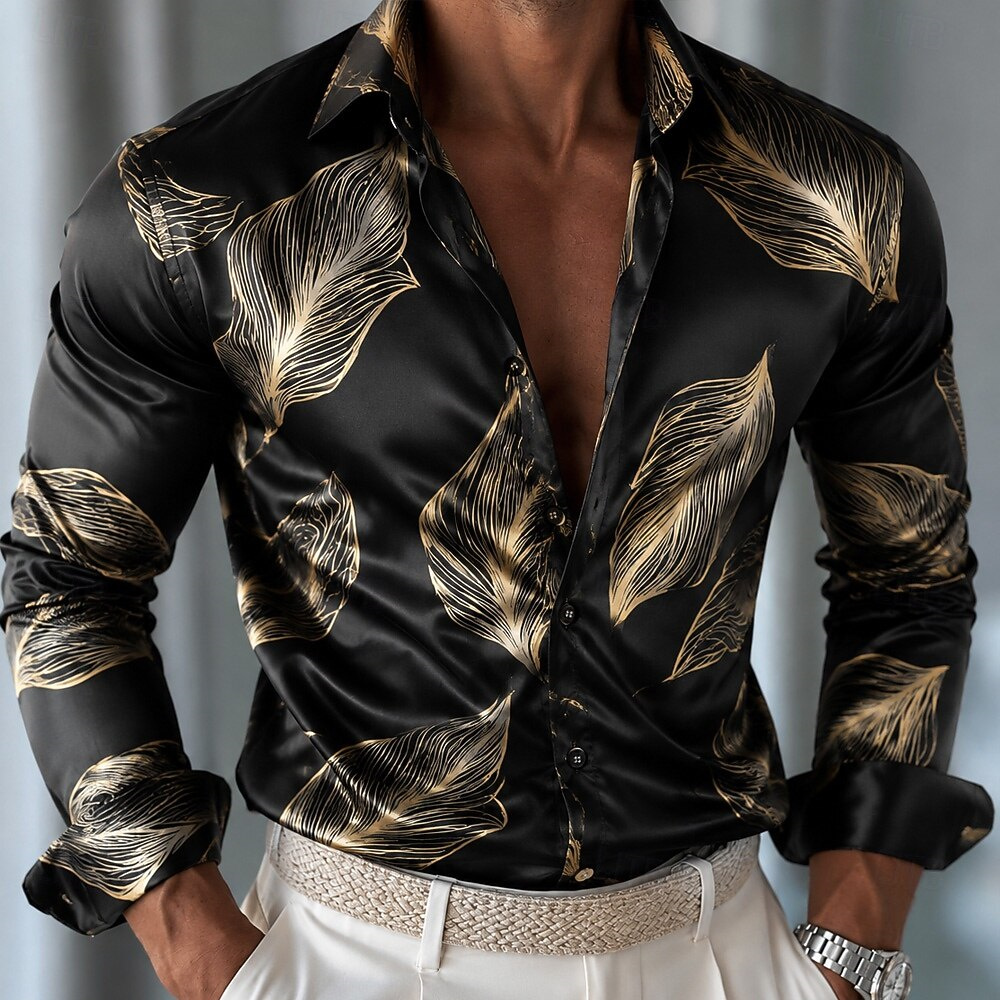 Men's Leaf Pattern Satin Shirt - Mens Satin Silk Dress Shirt ulasan dan harga