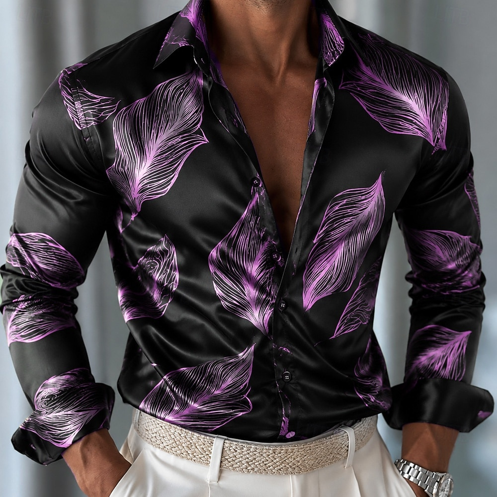 Men's Leaf Pattern Satin Shirt - Mens Satin Silk Dress Shirt ulasan dan harga