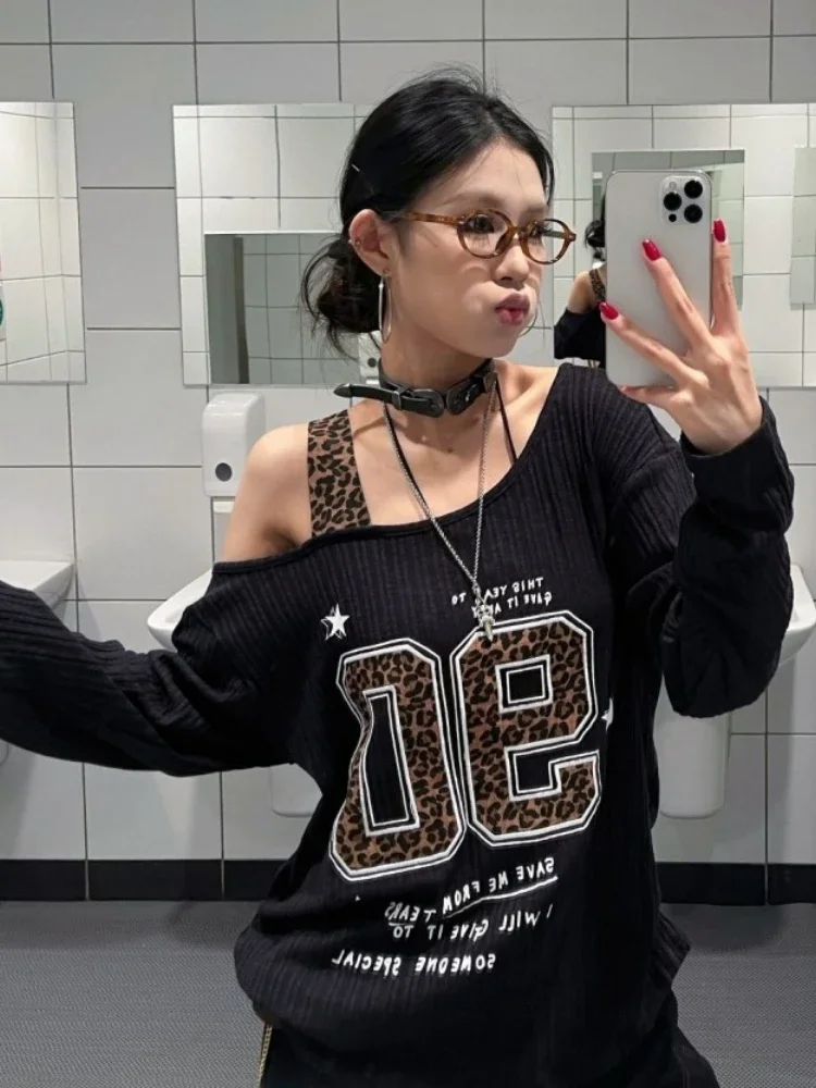 Y2K Patchwork Leopard Print T- - T-Shirts ulasan dan harga