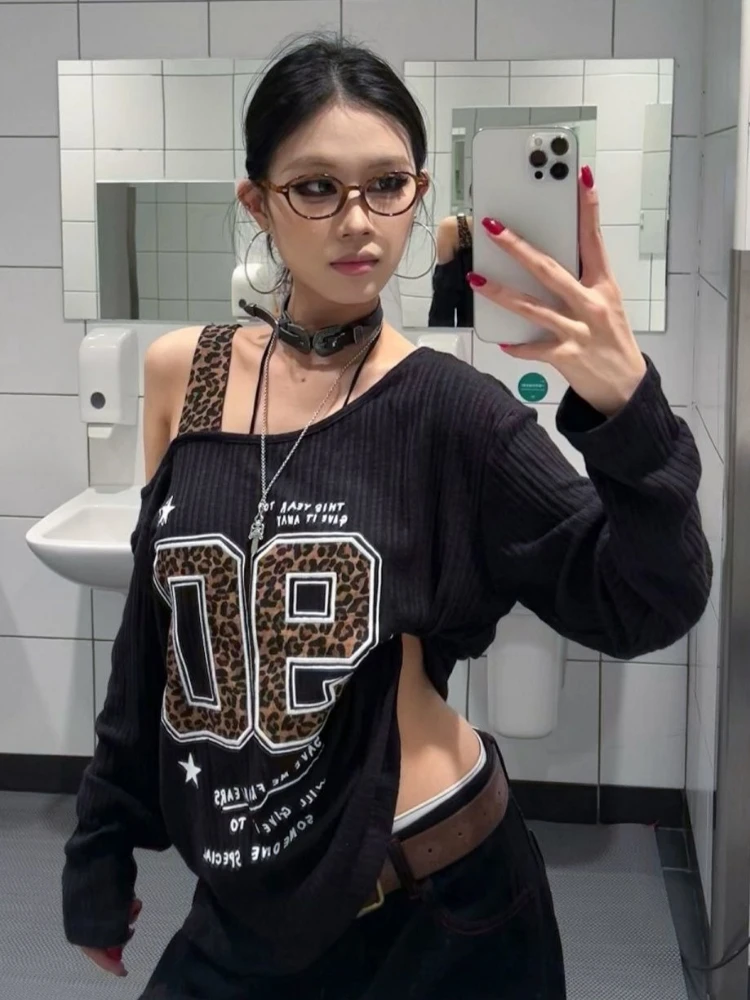 Y2K Patchwork Leopard Print T- - T-Shirts ulasan dan harga
