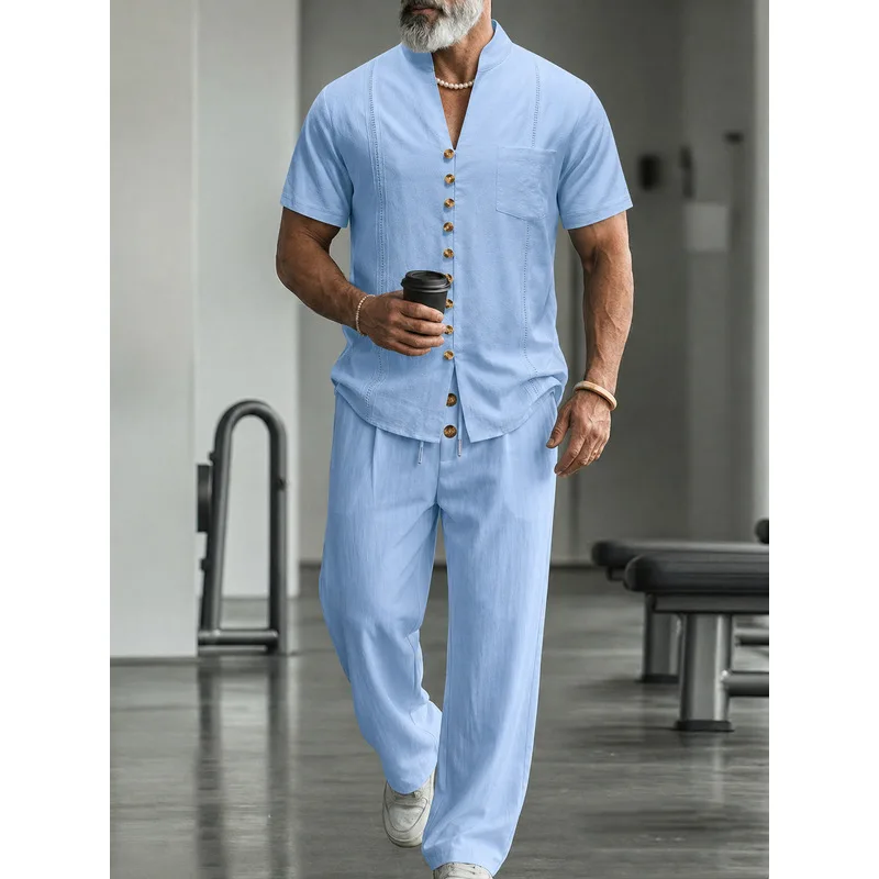 Men's Linen Casual 2-Piece Set - Mens Linen Shirt Long Sleeve ulasan dan harga