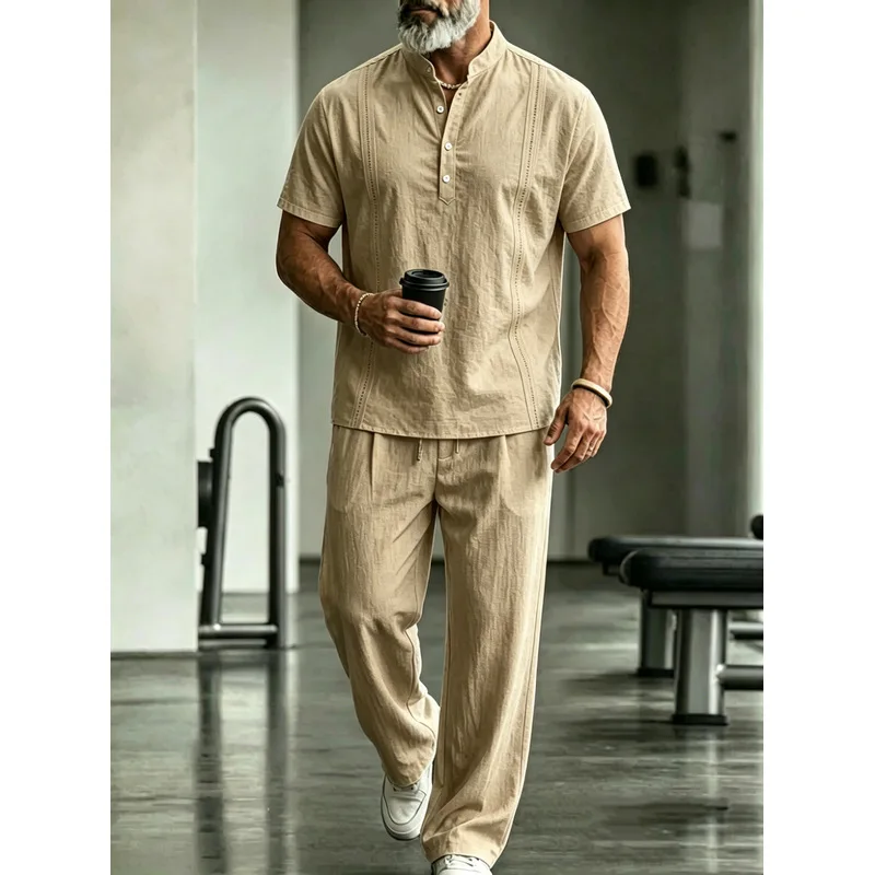 Men's Linen Casual 2-Piece Set - Mens Linen Shirt Long Sleeve ulasan dan harga