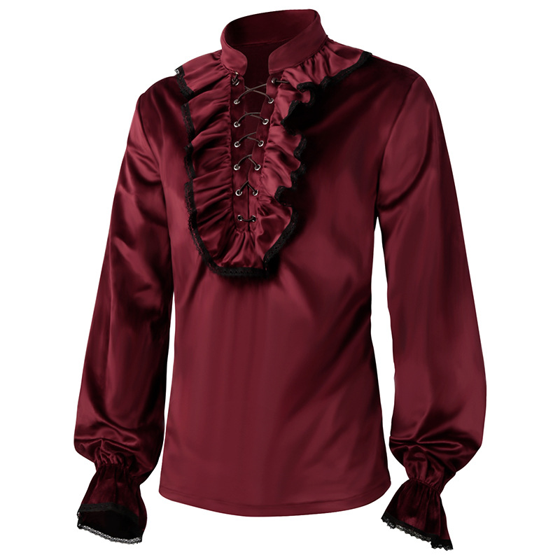 Red Lace Up Ruffles Lantern Sl - Medieval Gothic Lace Up Pirate Shirt ulasan dan harga