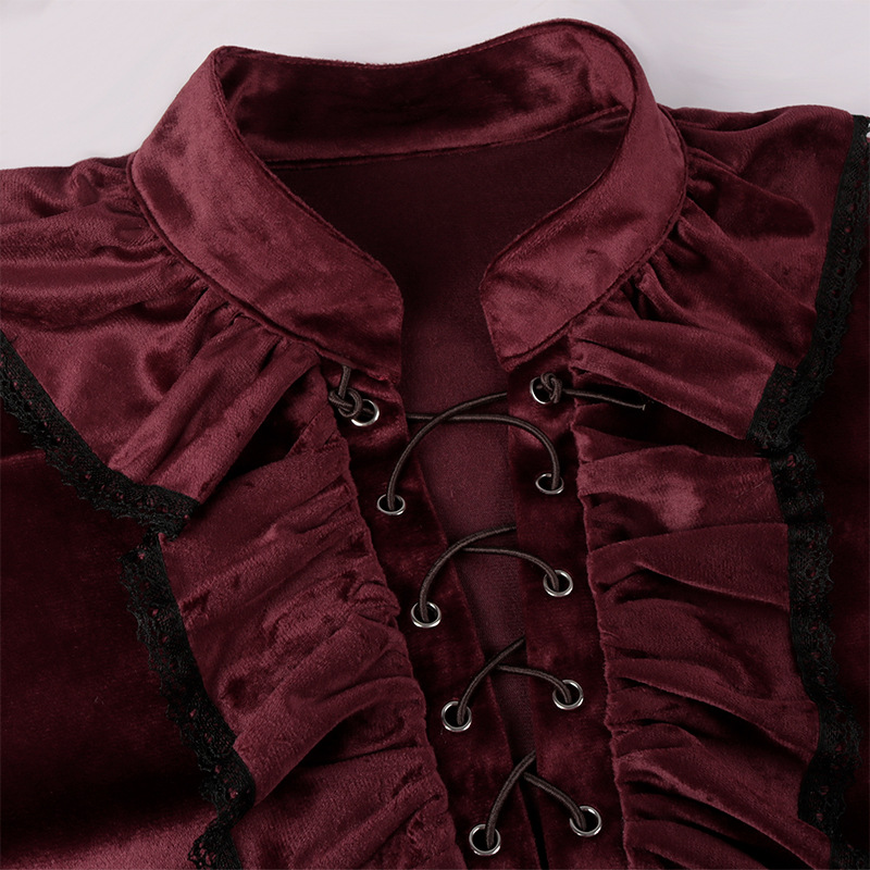 Red Lace Up Ruffles Lantern Sl - Medieval Gothic Lace Up Pirate Shirt ulasan dan harga