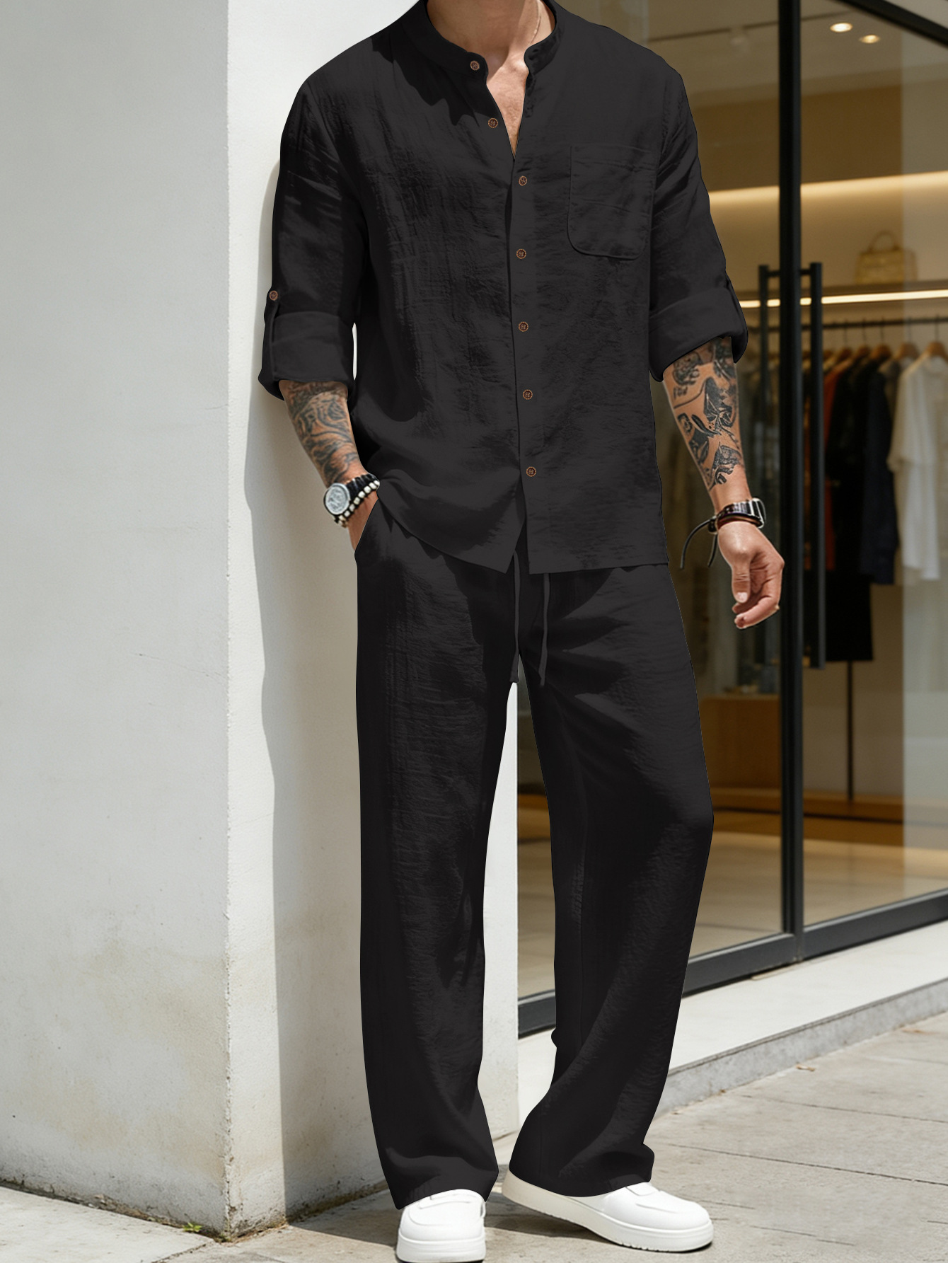 Suit Loose Linen Long Sleeve S - Mens Linen Shirt Long Sleeve ulasan dan harga