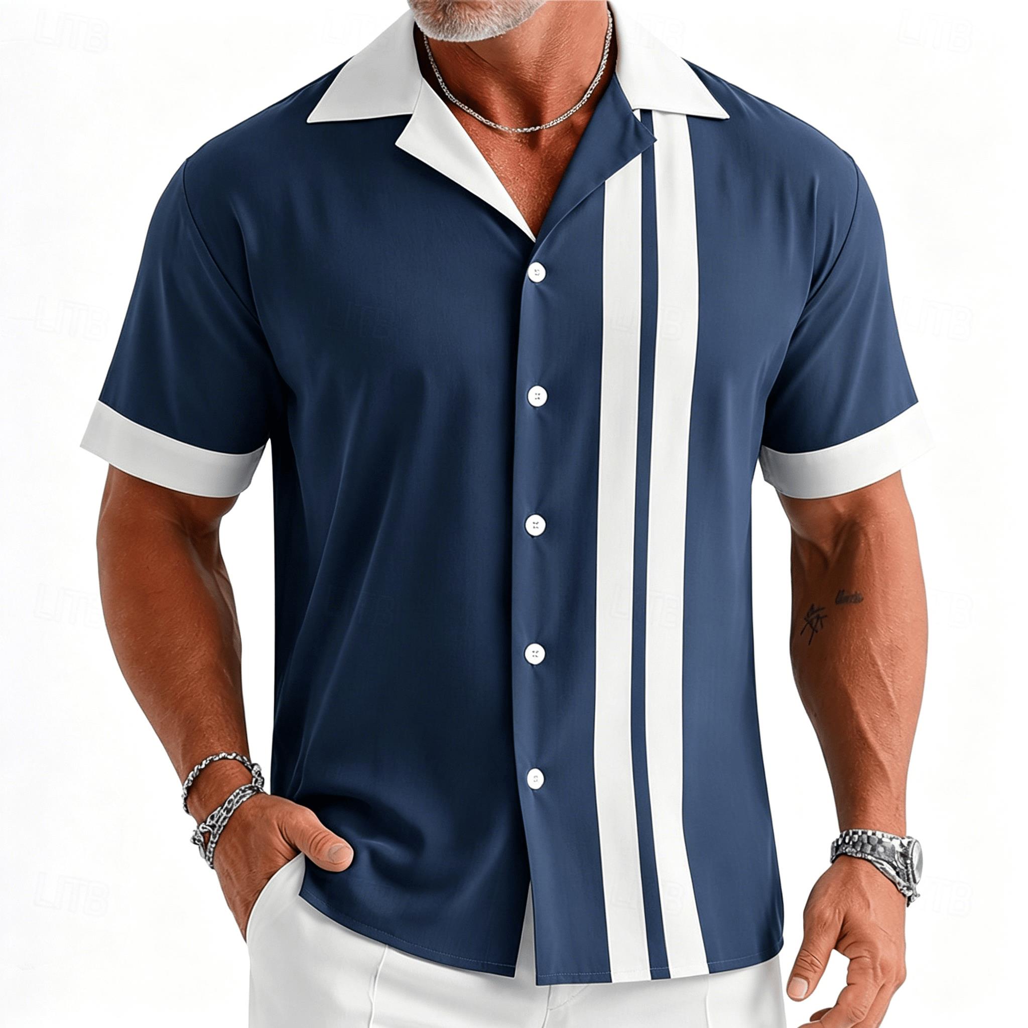 Men's navy blue and white vint - Short Sleeve Bowling Shirt Retro ulasan dan harga