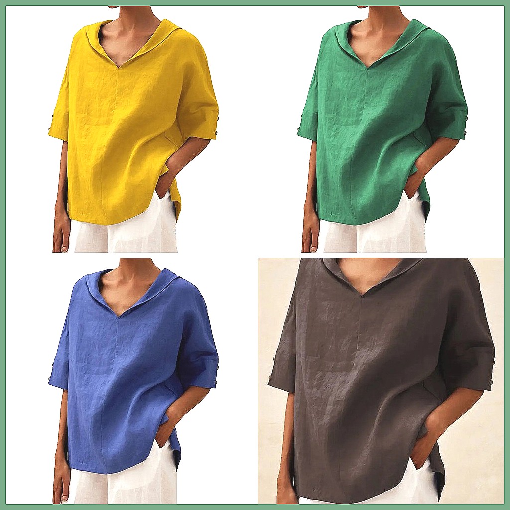 Women's Loose V-Neck Cotton Li - Shirts ulasan dan harga