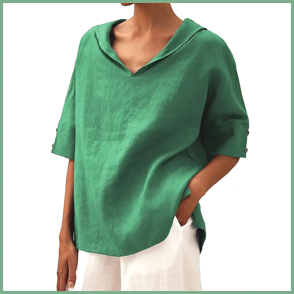 Women's Loose V-Neck Cotton Li - Shirts ulasan dan harga