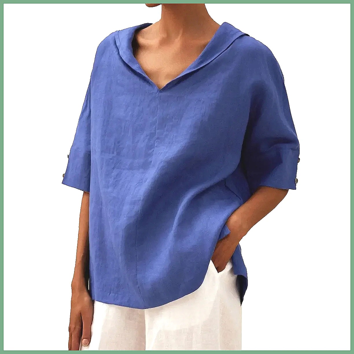 Women's Loose V-Neck Cotton Li - Shirts ulasan dan harga
