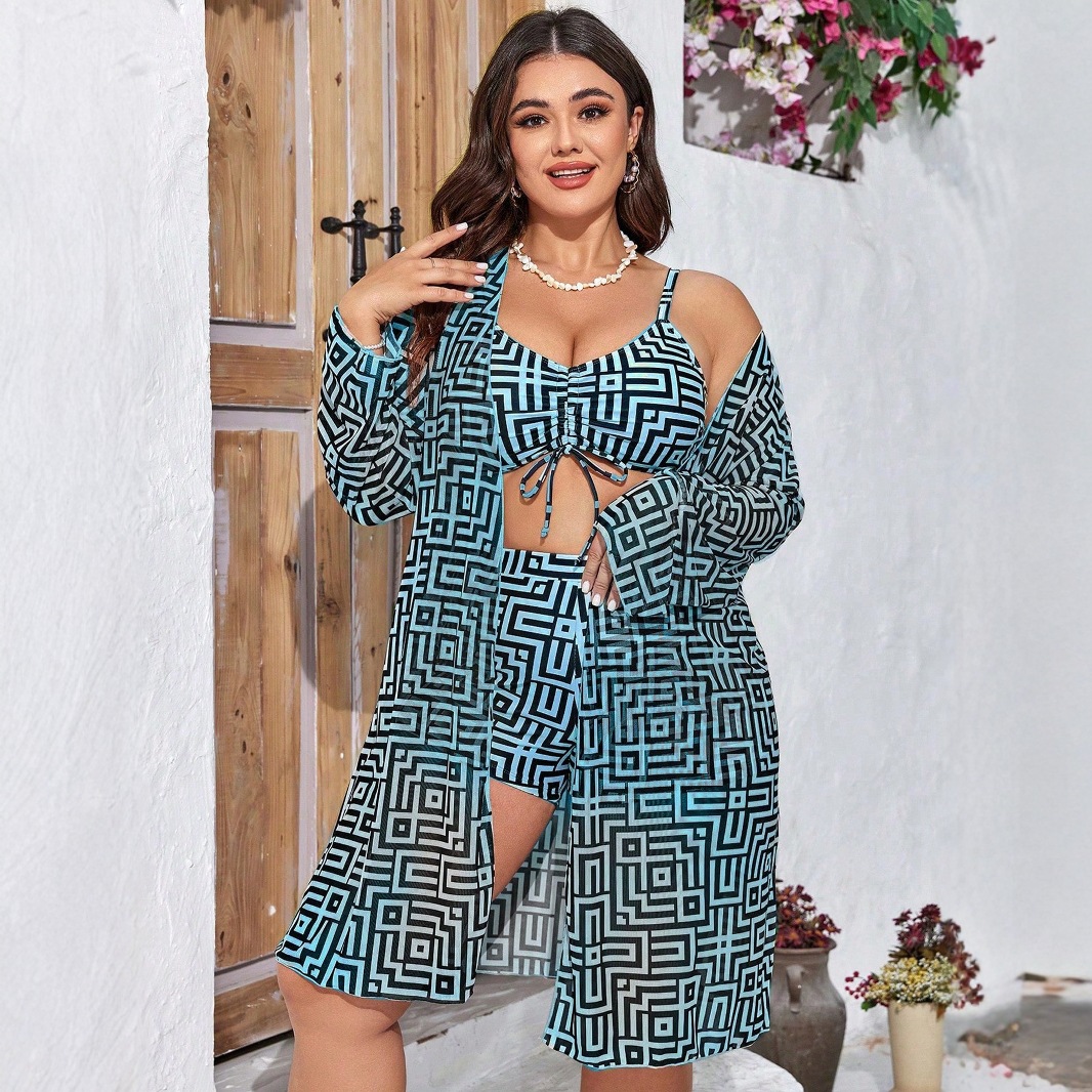 Plus Size 3‑Piece Geometric Pr - Shorts ulasan dan harga