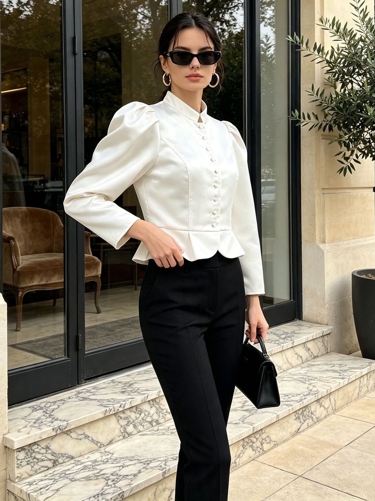 Tossy Peplum Blouse Long Sleev - Mandarin Collar Formal Shirt Slim Fit ulasan dan harga