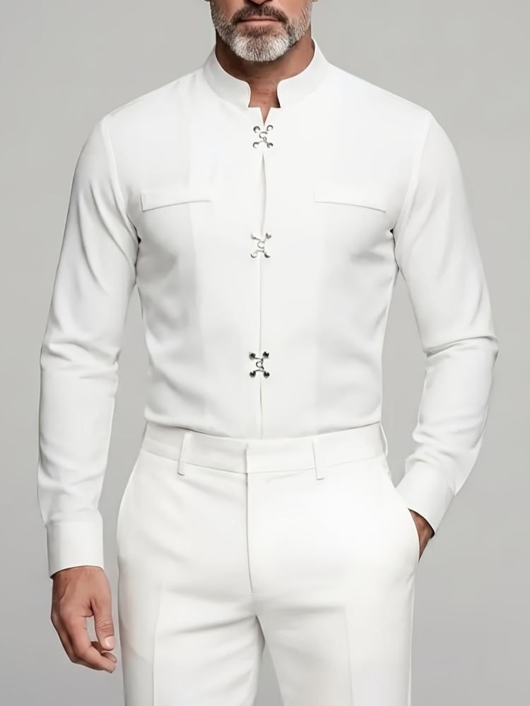Luxury Men Mandarin Stand Coll - Mandarin Collar Formal Shirt Slim Fit ulasan dan harga