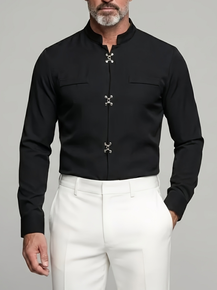 Luxury Men Mandarin Stand Coll - Mandarin Collar Formal Shirt Slim Fit ulasan dan harga