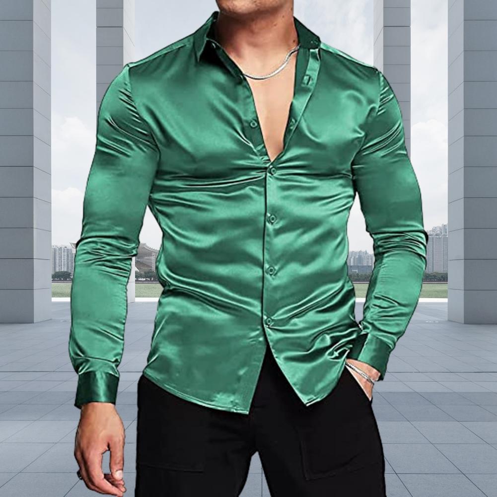 Stylish Men Shiny Silk Like Sa - Mens Satin Silk Dress Shirt ulasan dan harga