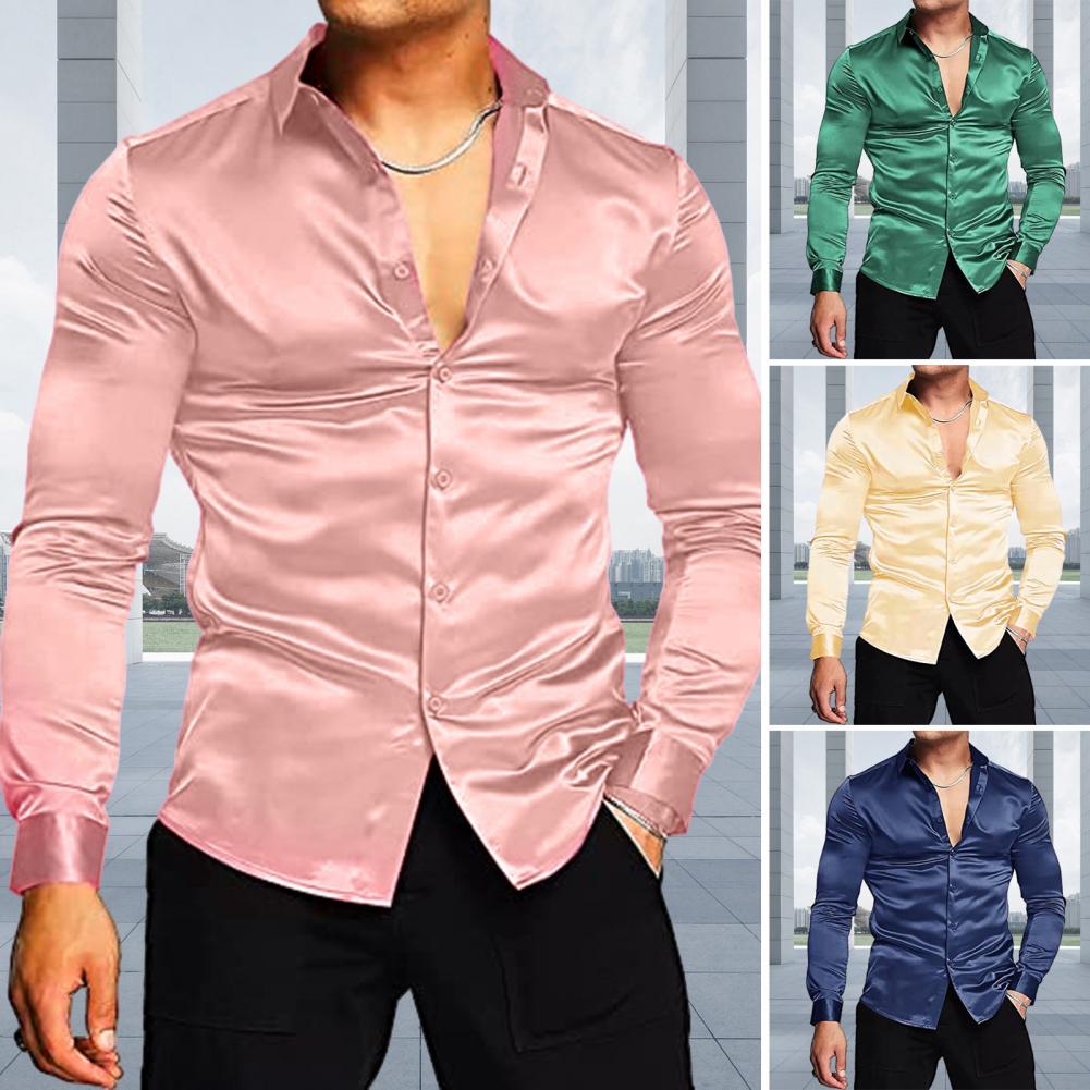Stylish Men Shiny Silk Like Sa - Mens Satin Silk Dress Shirt ulasan dan harga